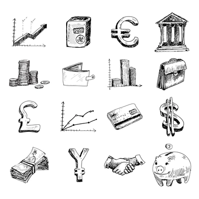 Finance banking business money exchange hand drawn icons set isolated vector illustration