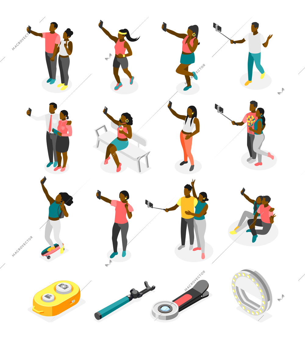 Selfie day isometric recolor icon set people with dark skin color take selfies and isolated photo attributes vector illustration