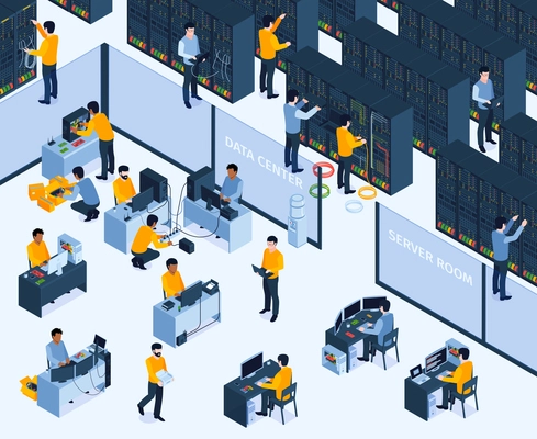 System administrator background with data center symbols isometric vector illustration