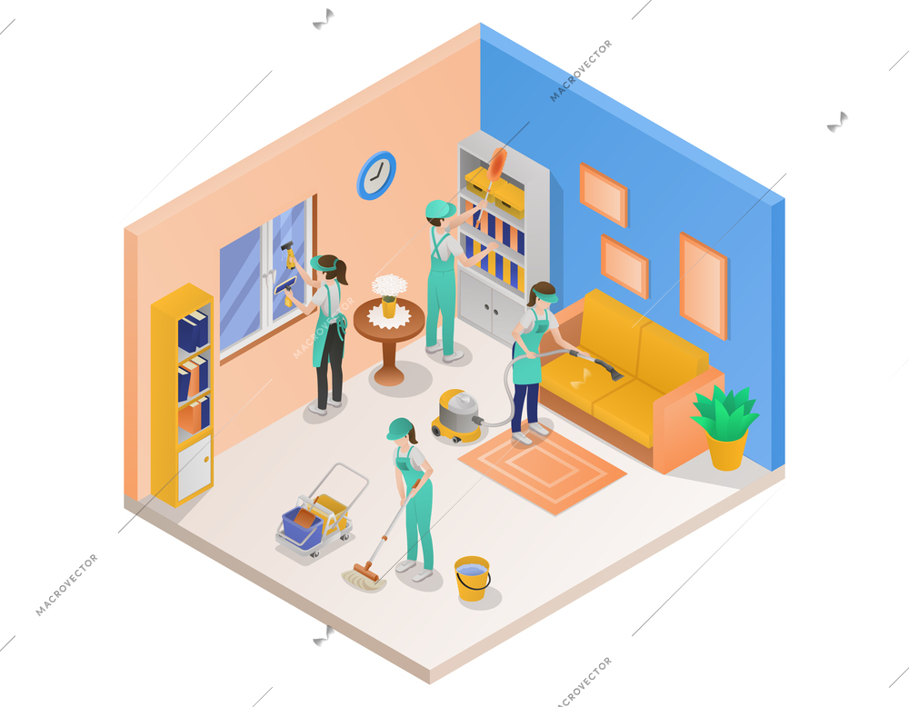 Professional cleaning service isometric composition room with a company of cleaners doing their job mopping floors vacuuming floors and wiping dust vector illustration