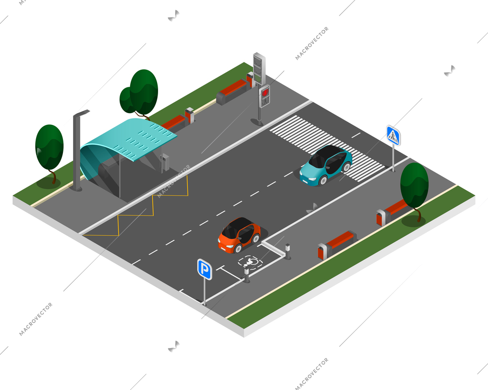 Isometric colored city constructor elements concept part of the highway with parking lots on the sides and a crosswalk vector illustration