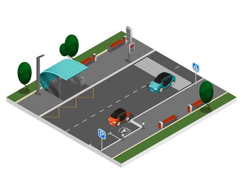 Isometric colored city constructor elements concept part of the highway with parking lots on the sides and a crosswalk vector illustration