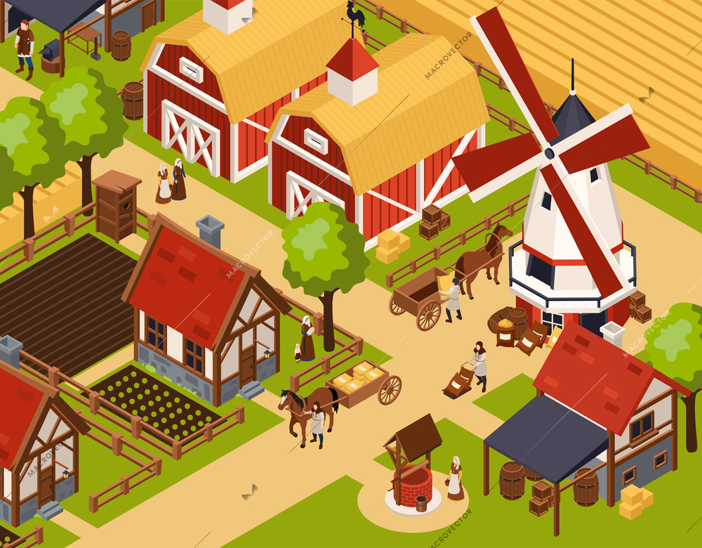 Medieval rural architecture isometric background with mill and field vector illustraion