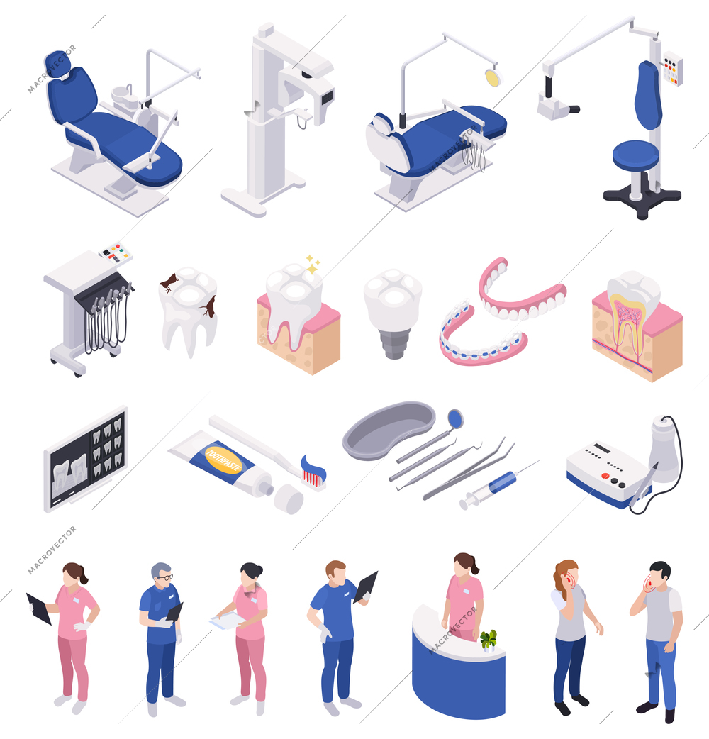 Stomatology and dentistry icons set with dental care symbols isometric isolated vector illustration