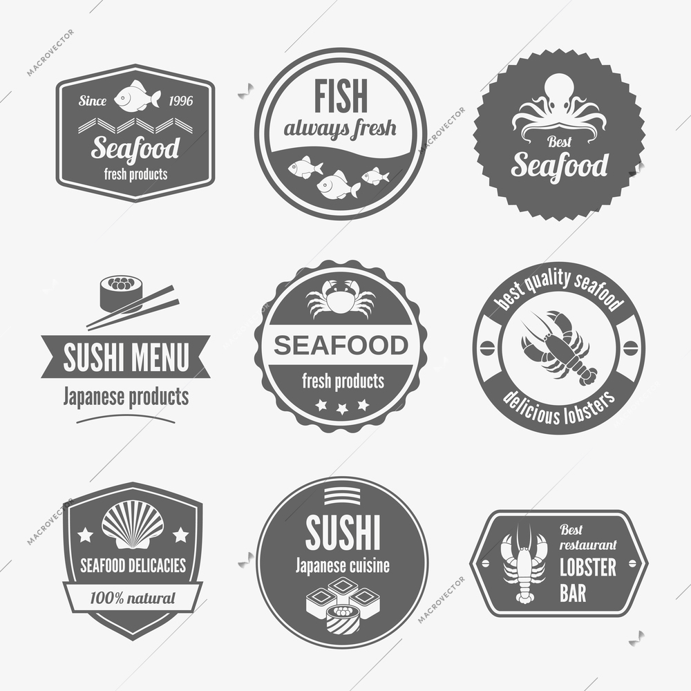 Seafood sushi menu japanese products fresh products icons set black isolated vector illustration