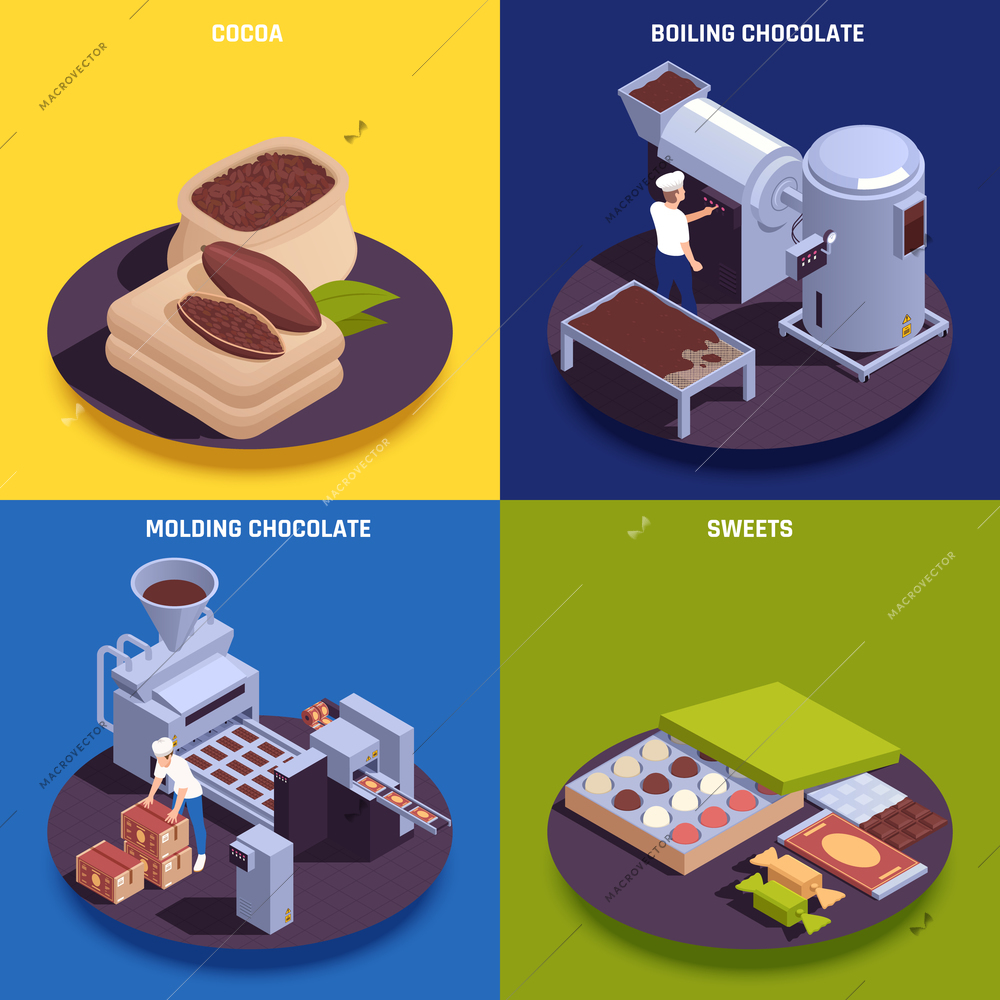 Chocolate products manufacturing process isometric compositions with cocoa beans paste molding machinery sweets candies packaging vector illustration