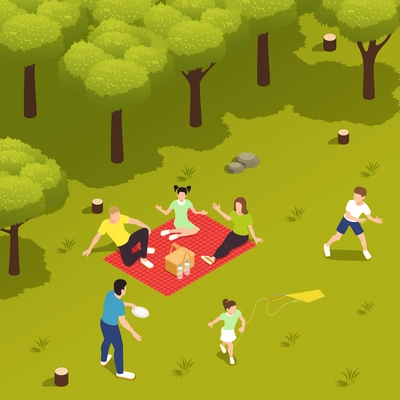 Summer picnic in countryside with family friends enjoying basket food playing flying disk isometric composition vector illustration
