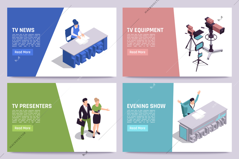 Television production online info 4 isometric webpages with news evening show presenters tv studio equipment vector illustration