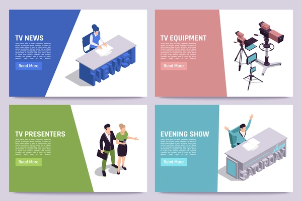 Television production online info 4 isometric webpages with news evening show presenters tv studio equipment vector illustration