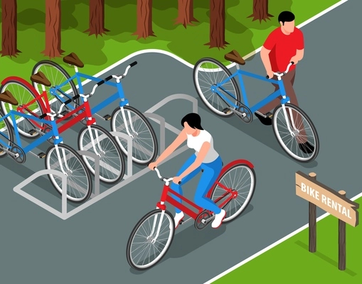 Bike rental isometric vector illustration with some bicycles on city parking and male and female characters using rented vehicles