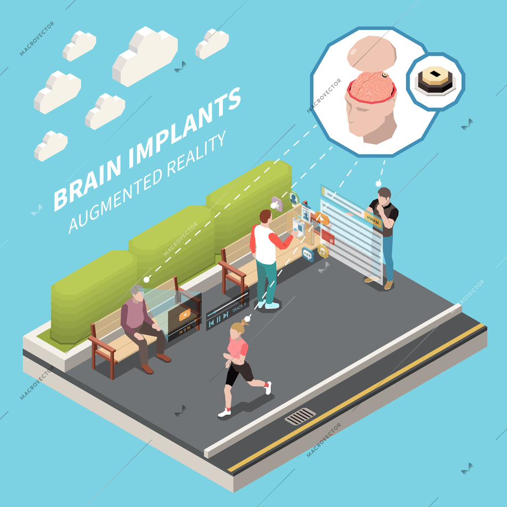 Brain implants and augmented reality isometric background with microchip processor implanted inside open human head icon 3d vector illustration