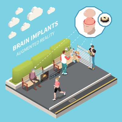 Brain implants and augmented reality isometric background with microchip processor implanted inside open human head icon 3d vector illustration