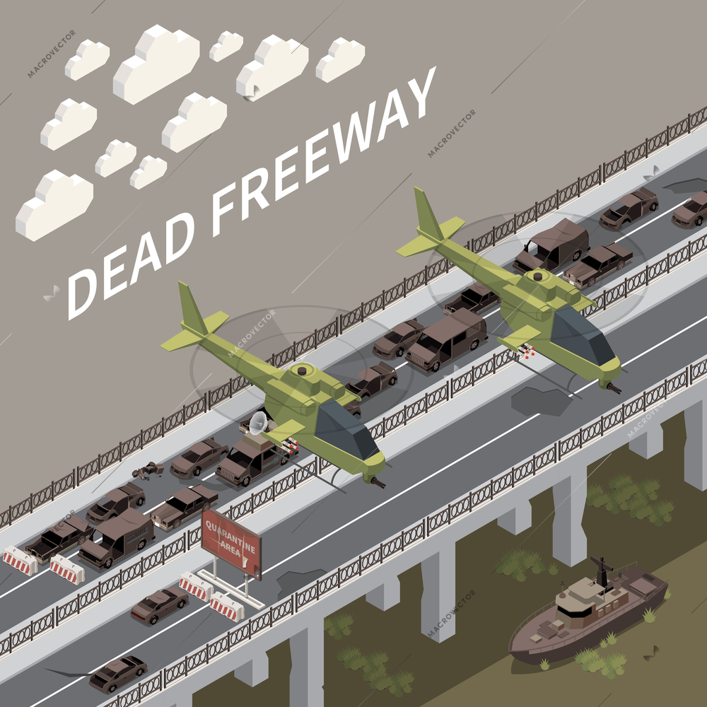 Dead freeway isometric background with cars left on roadway and billboard with quarantine area text vector illustration