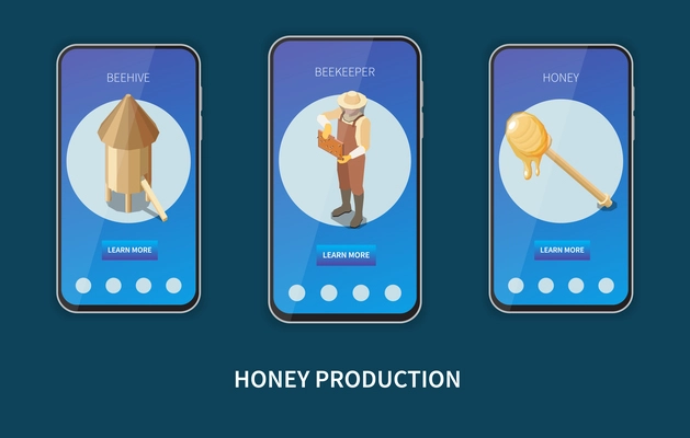 Mobile website design on honey production theme with beehive beekeeper and wooden dipper stick isometric icons vector illustration