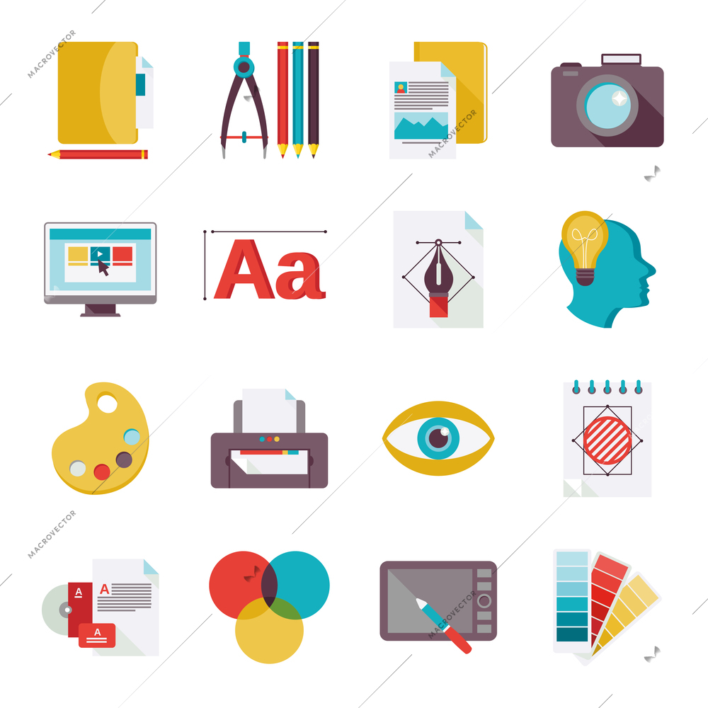 Graphic design studio tools creative process flat icons set isolated vector illustration