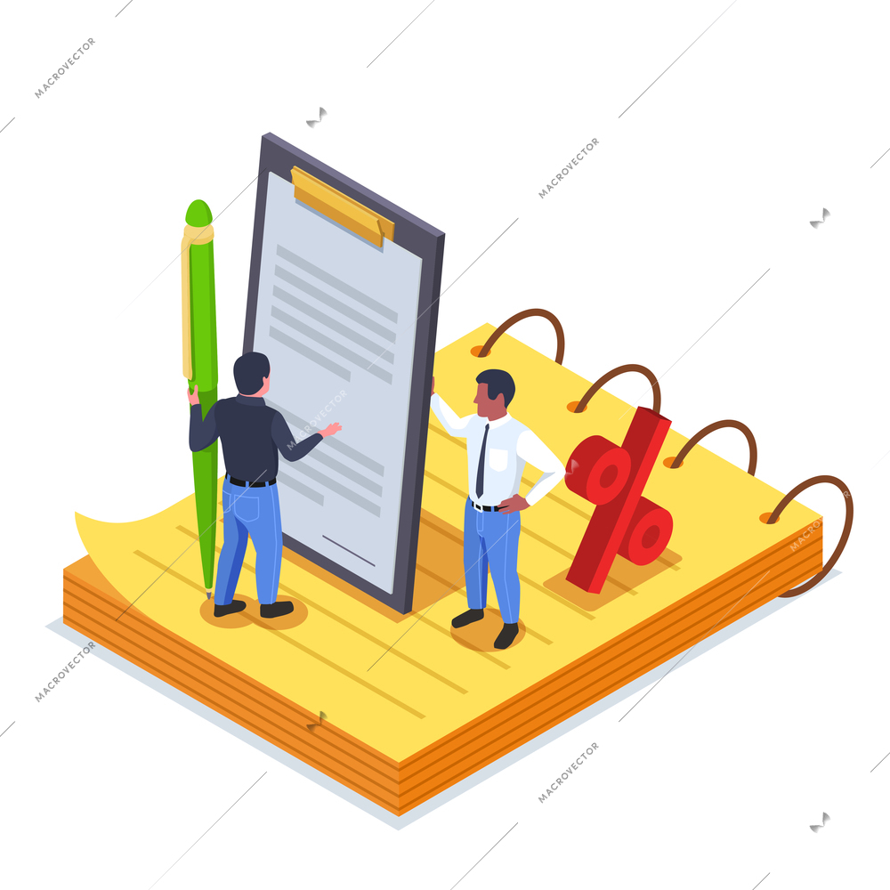 Isometric colored financial education literacy composition two men count percentages on finances vector illustration