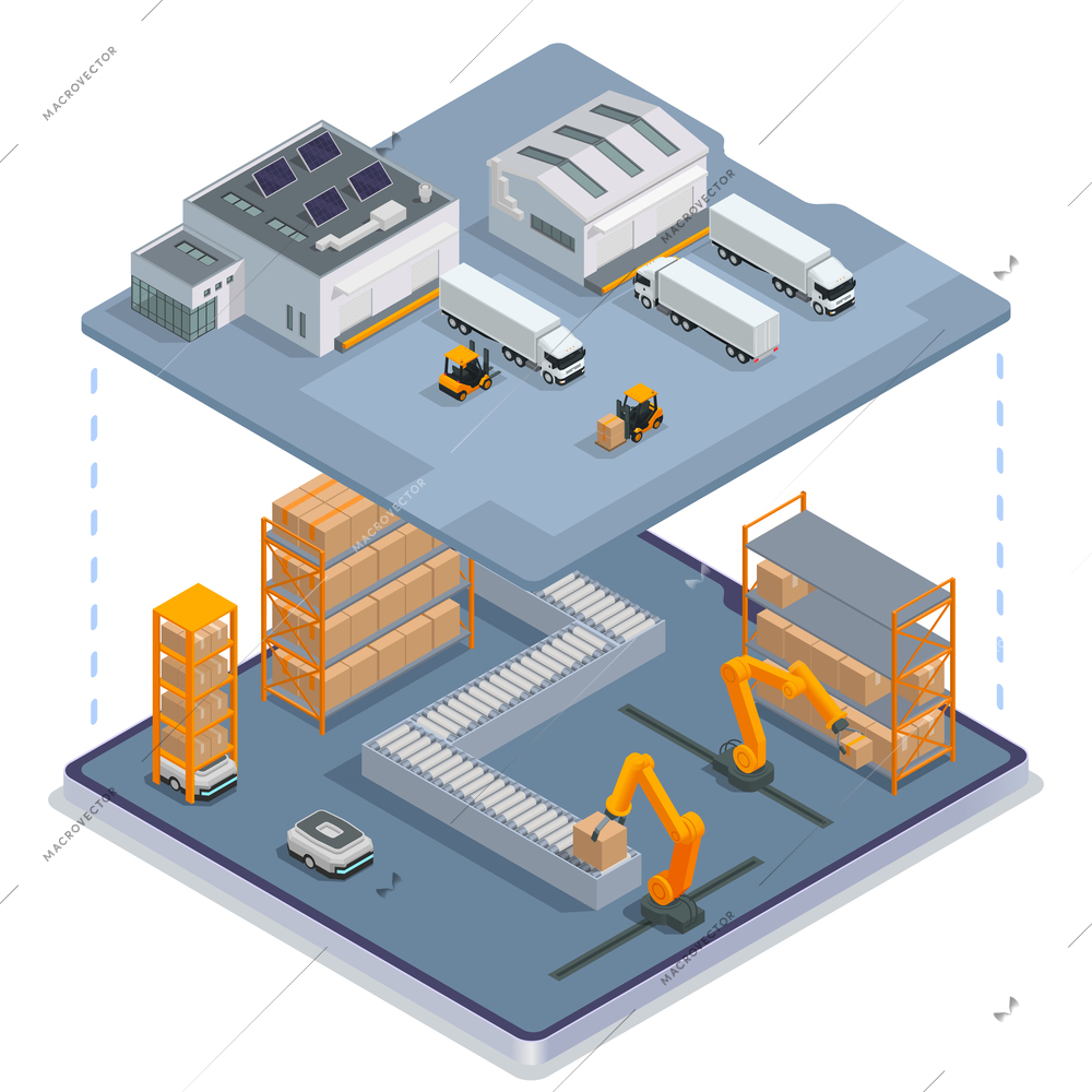 Modern warehouse colored isometric concept two story warehouse complex from the inside with parking on the second floor and production belt on the first vector illustration