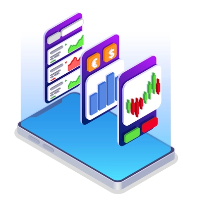 Isometric stock exchange financial market trading composition with stock trading and investing descriptions vector illustration