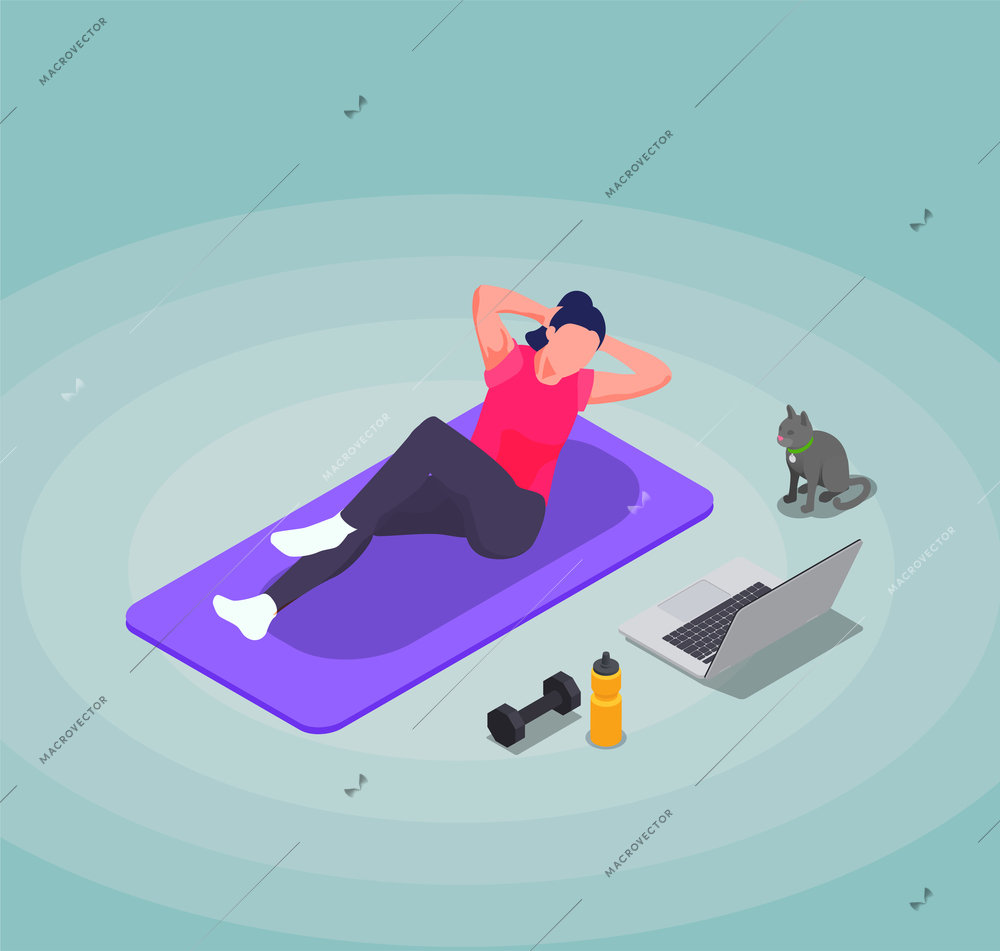 Isometric online fitness workout yoga at home composition woman doing exercises on mat sitting in front of her laptop