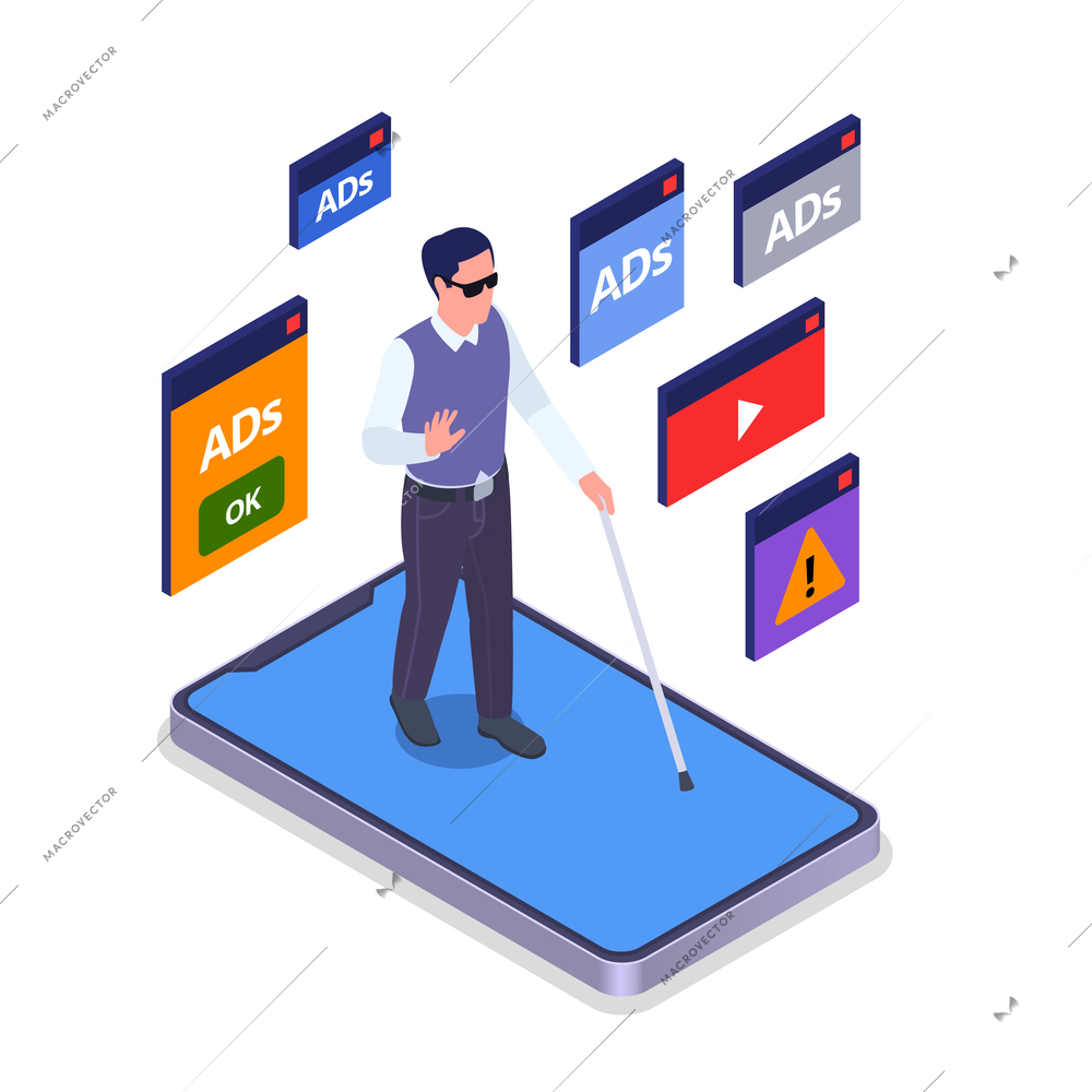 Marketing technologies isometric colored composition blind man walks along an abstract road and encounters various advertisements on his way vector illustration