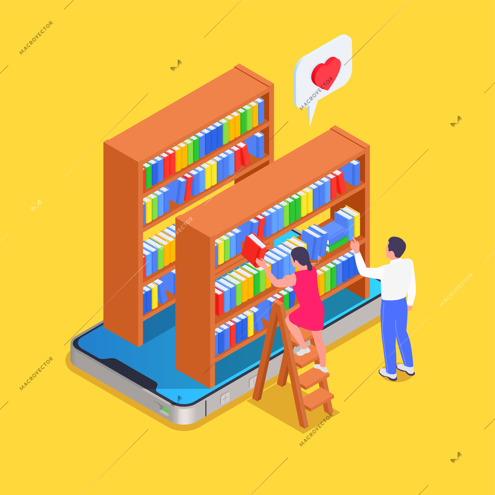 Digital online library isometric and colored concept two people looking for the right book on an abstract shelf online vector illustration