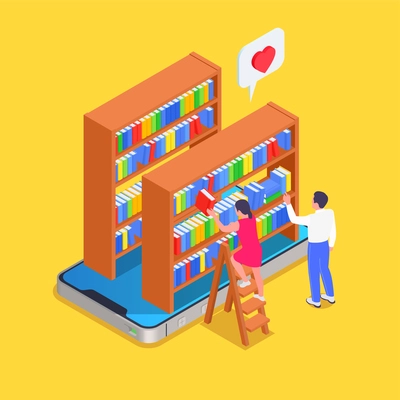 Digital online library isometric and colored concept two people looking for the right book on an abstract shelf online vector illustration