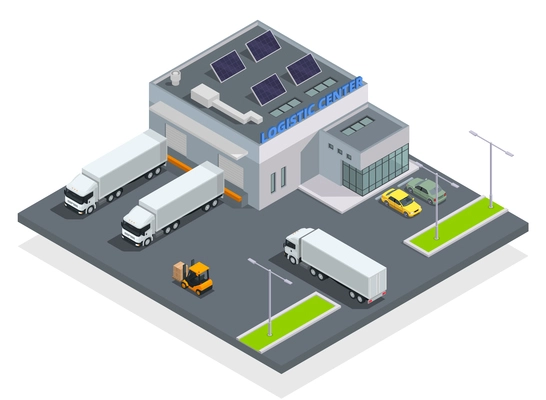 Modern warehouse isometric and colored composition loading and unloading of trucks in the warehouse vector illustration