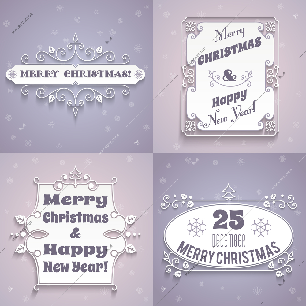 Merry christmas and happy new year holiday white label cards  set isolated vector illustration