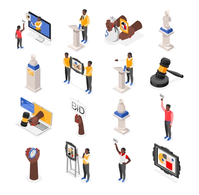 Auction isometric recolor set of isolated icons with images of valuable items with characters of bidders vector illustration