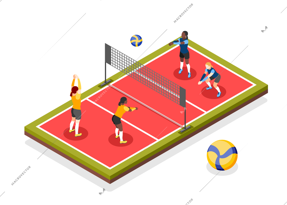 International olympic day isometric composition with view of volleyball playground with net and two pair teams vector illustration