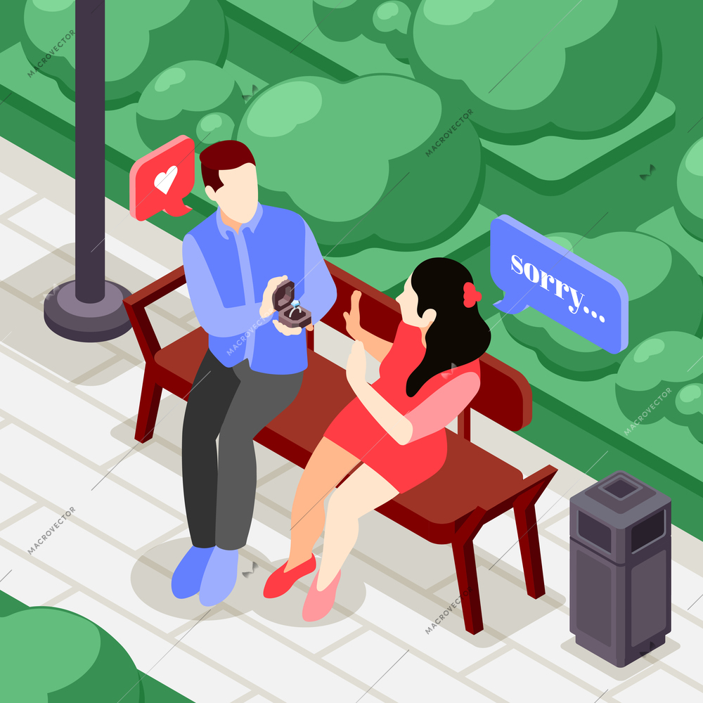 Friendzone isometric background composition with city park scenery and couple sitting on bench with chat bubbles vector illustration