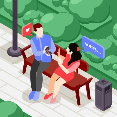 Friendzone isometric background composition with city park scenery and couple sitting on bench with chat bubbles vector illustration