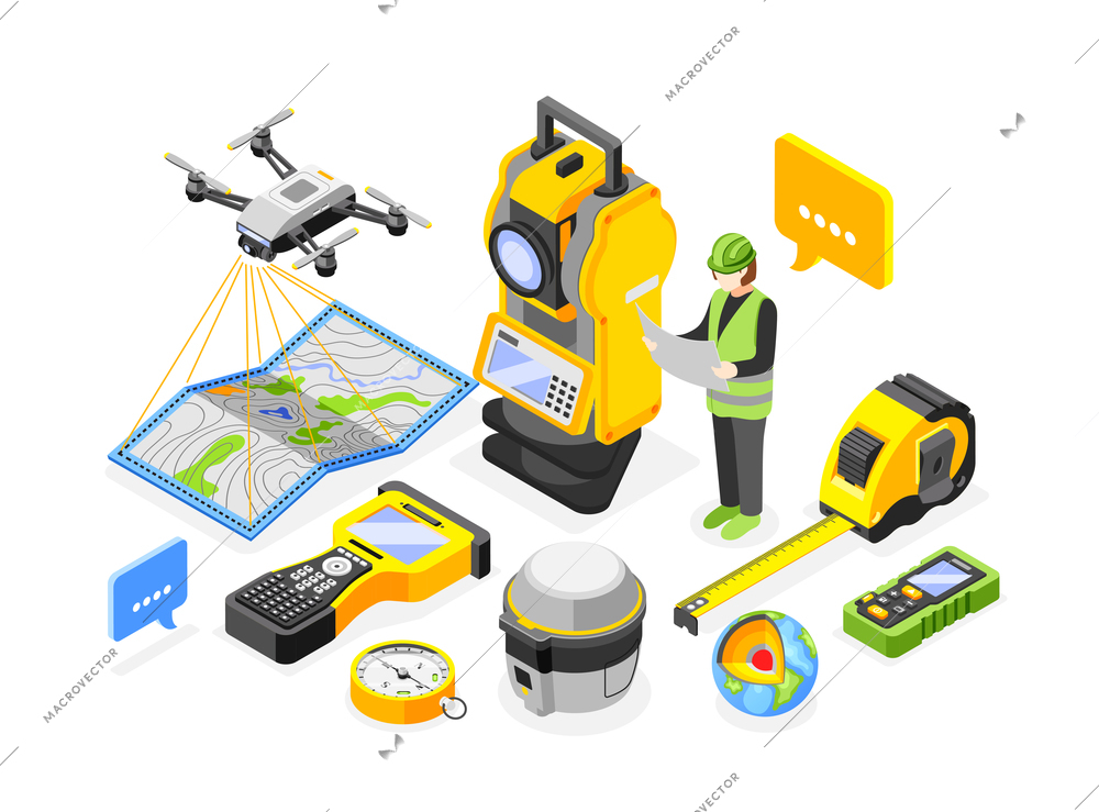 Composition of isolated geodesy isometric icons of measuring appliances engineers tools and paper map with worker vector illustration