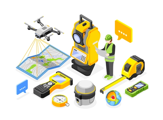 Composition of isolated geodesy isometric icons of measuring appliances engineers tools and paper map with worker vector illustration