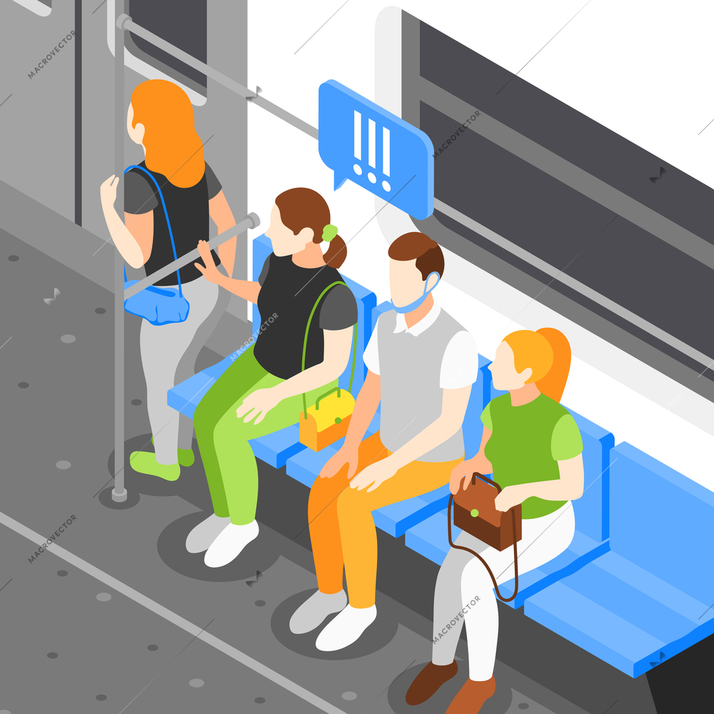 Public transport problems isometric background composition with character of standing woman leaning on another passengers hand vector illustration