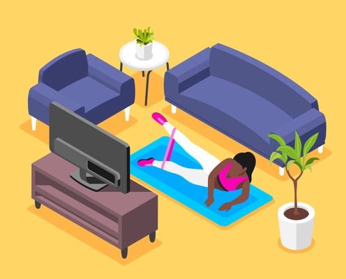 Resistance band exercises isometric background with composition of practicing woman surrounded by pieces of home furniture vector illustration