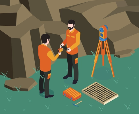 Isometric geological colored composition two geodesists work on site with their equipment vector illustration