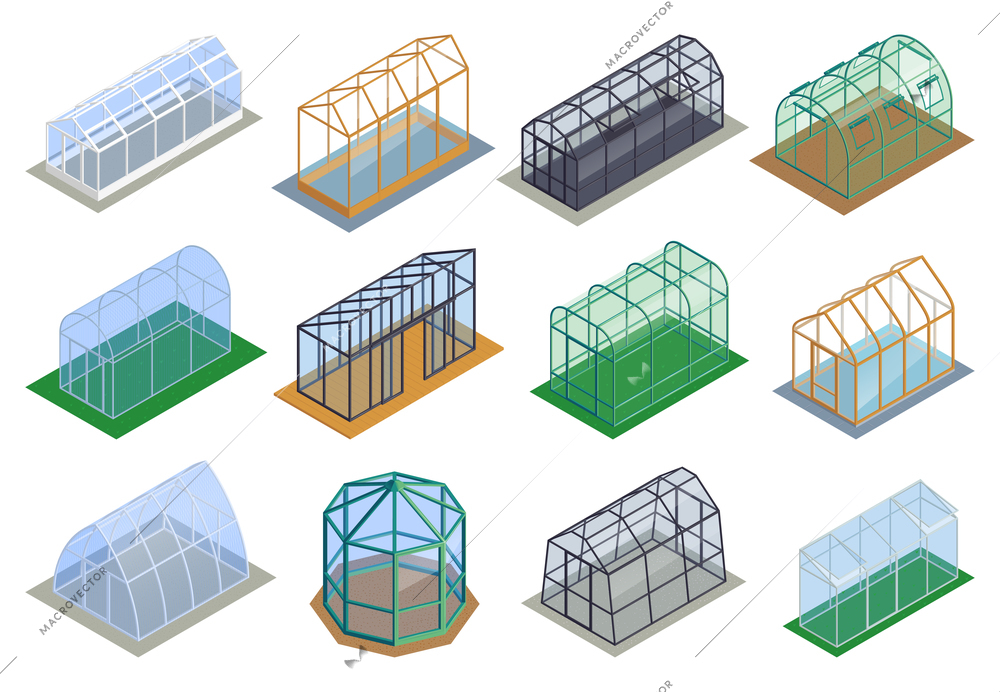 Isometric greenhouse icon set different sizes of styles with glass windows iron and wooden frames vector illustration