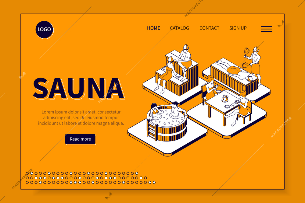 Sauna isometric landing page for web site with sign up catalog contact headings vector illustration