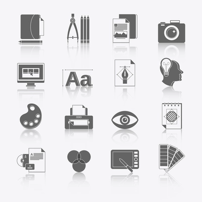 Graphic design studio tools black icons set with brush marker camera isolated vector illustration.