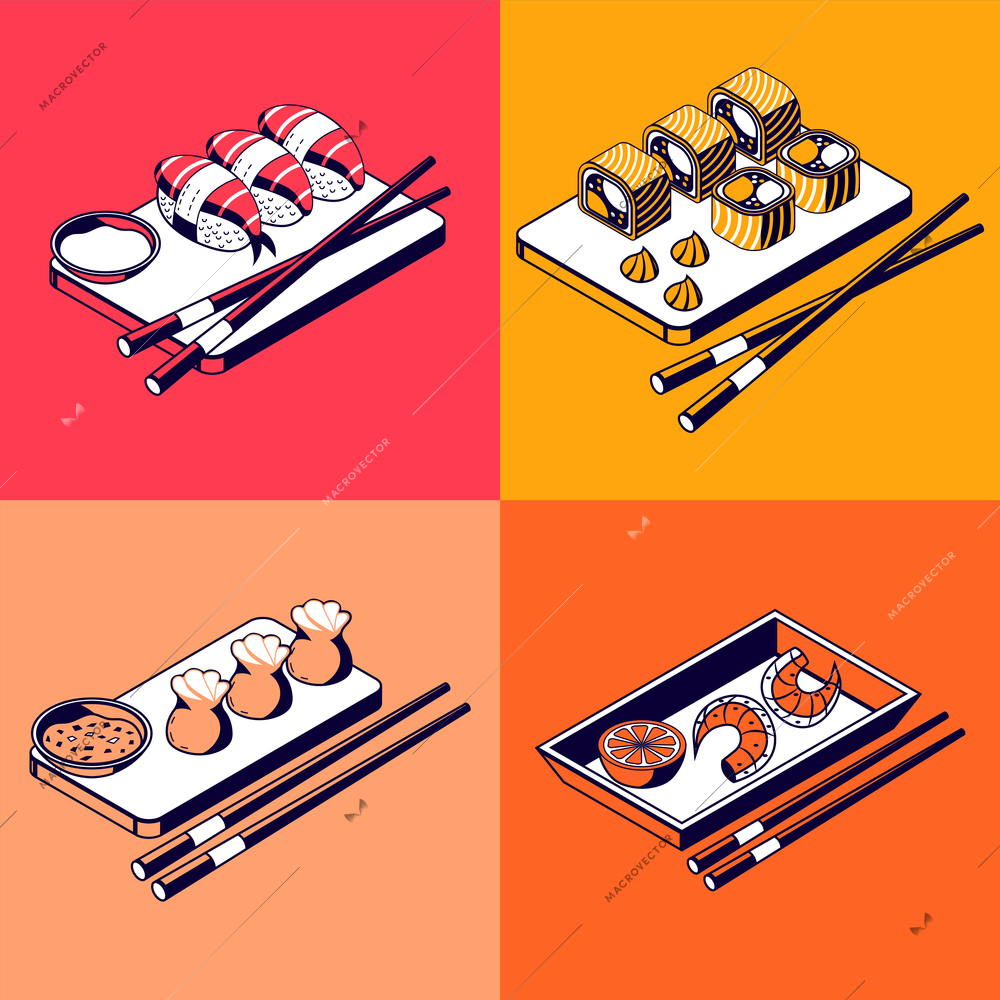 Asian food 2x2 design concept set of sushi rolls gedza shrimp on wooden trays with chopsticks isometric vector illustration