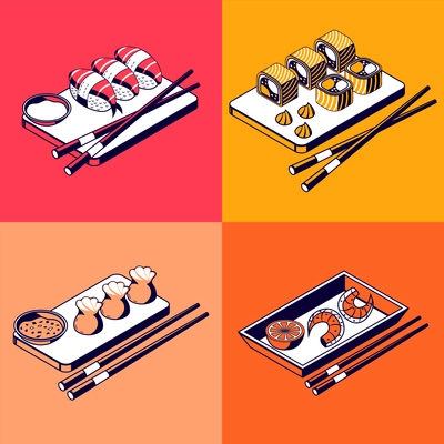 Asian food 2x2 design concept set of sushi rolls gedza shrimp on wooden trays with chopsticks isometric vector illustration