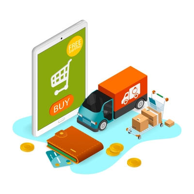 E-commerce mobile shopping isometric composition with images of cash wallet delivery truck boxes and tablet vector illustration