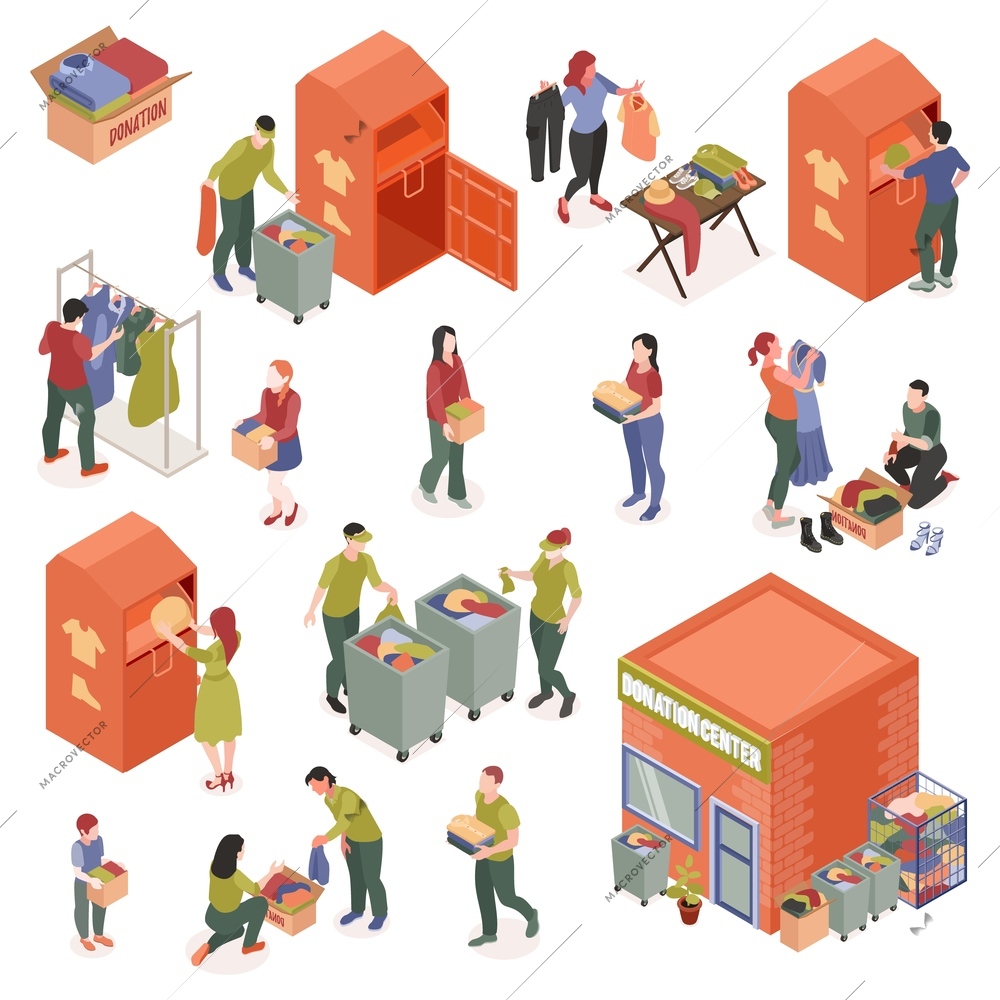 Isometric set with people making clothes donations and volunteers from charitable centre isolated 3d vector illustration