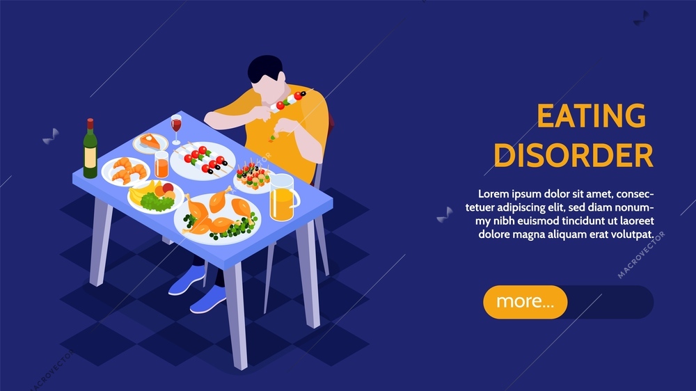 Gluttony horizontal banner with male character eating at table full of food and drinks 3d isometric vector illustration