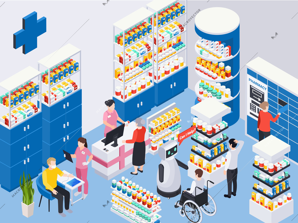 Customers buying medication at modern pharmacy with robotic assistant health check and pickup point 3d isometric vector illustration