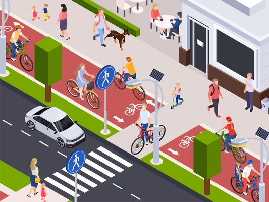 Busy city street with walking and cycling along bike lanes people 3d isometric vector illustration