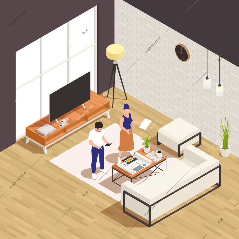 Interior designers choosing stylish and practical furniture lighting for modern penthouse apartment studio lounge isometric vector illustration