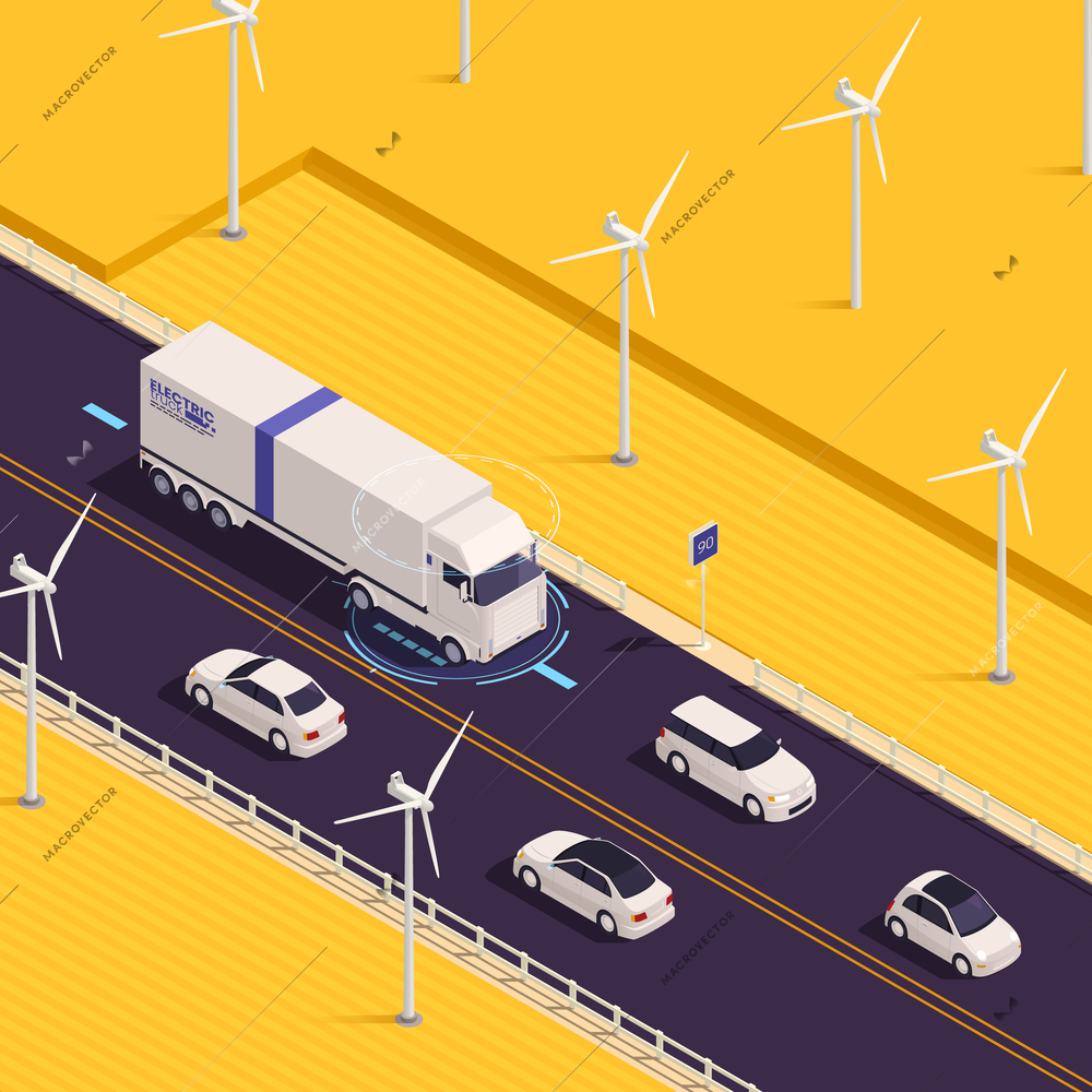 White modern electric truck passing wind turbines powering charging stations recharging vehicles along highway isometric vector illustration