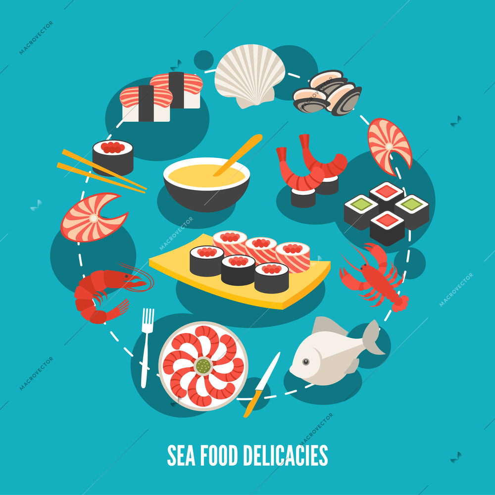 Sea food fish menu restaurant japanese delicacies flat decorative icons set vector illustration